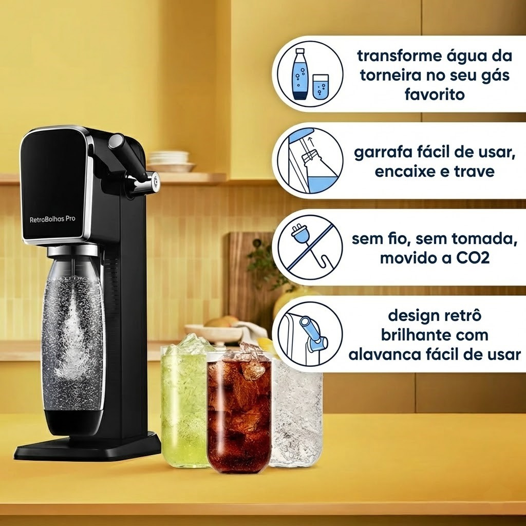 RetroBolhas Pro: Máquina de Fazer Água com Gás Portátil com Cilindro